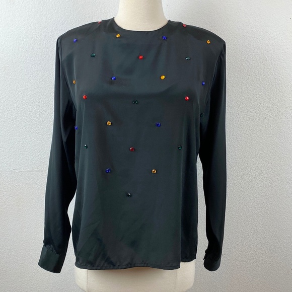 Vintage 90s Black Slinky Rhinestone Blouse Med/Large Long Sleeves Evening Party - Picture 1 of 9